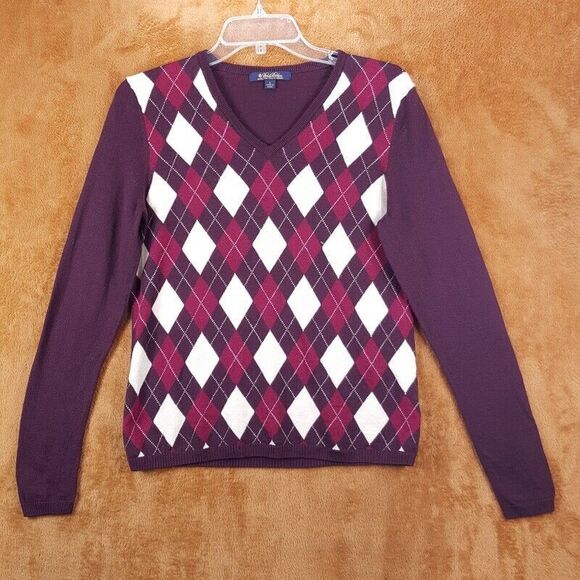 BROOKS BROTHERS Sweater Womens Large Burgundy Pullover Argyle Merino Wool Knit - Picture 1 of 6